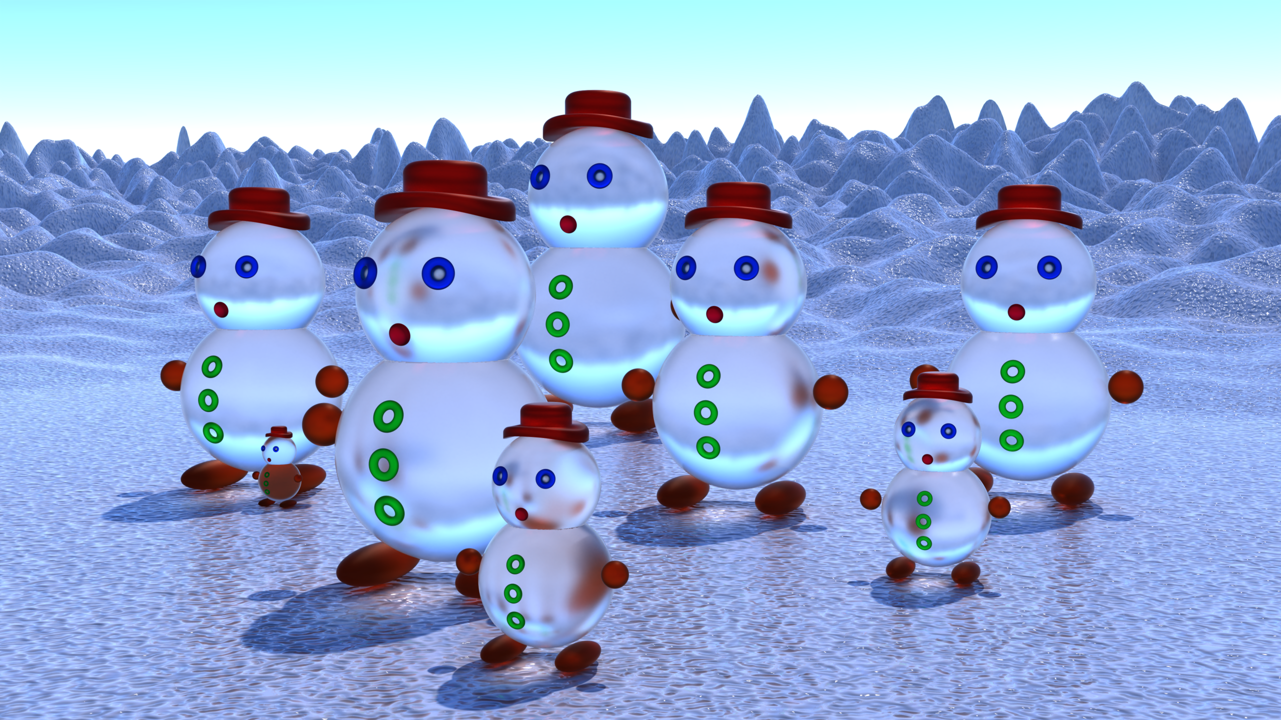 雪だるま8体 Blenderで制作した3DCG